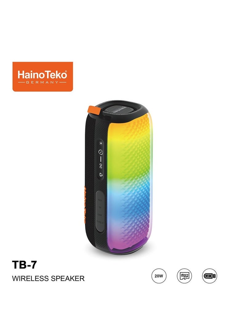 Haino Teko مكبر صوت بلوتوث محمول لاسلكي TB-7 بقوة 50 واط، أضواء RGB للحفلات، دعم ميكروفون مزدوج، تحكم زر متعدد الوظائف – نظام صوتي مدمج عالي الأداء باللون الأسود - Image 1